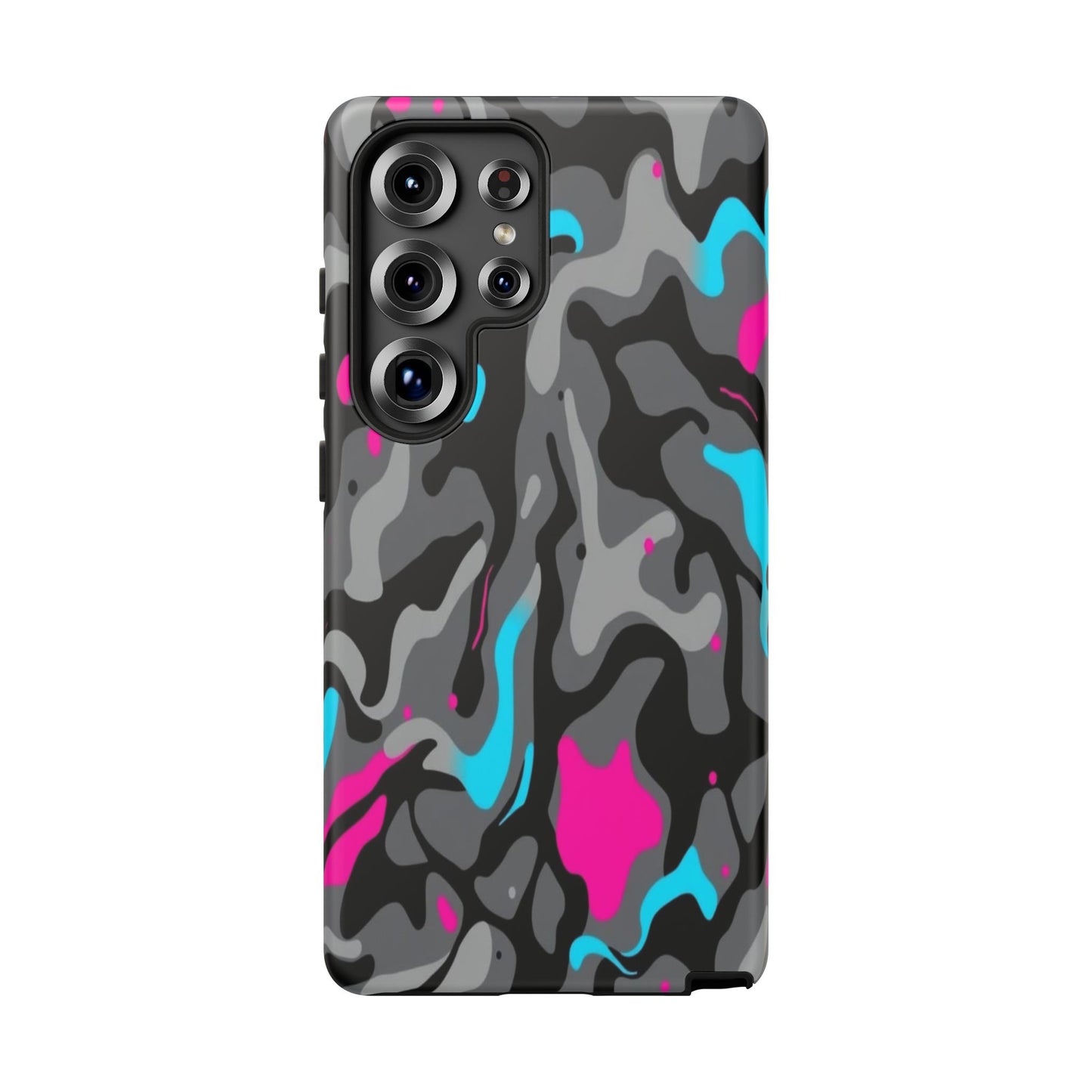 Camouflage Phone Case — Gray Camo with Neon Pink & Cyan Accent Tough Protective Cover