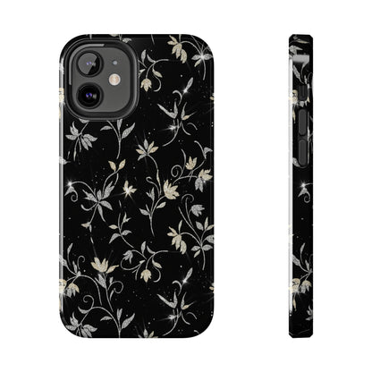 Floral Noir Tough Phone Case — Vintage Black Botanical Protective Cover