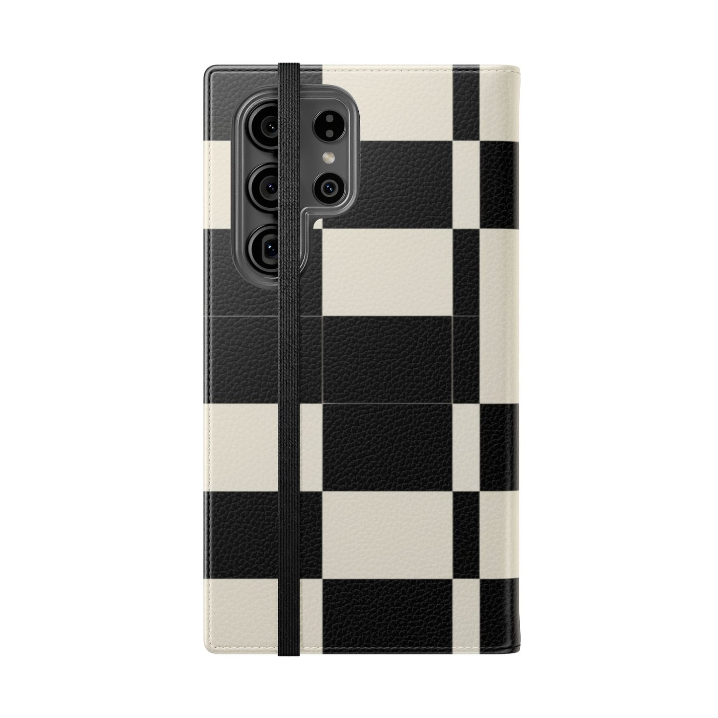 Checkered Flip Phone Case – Black & Cream Retro Grid Wallet Case