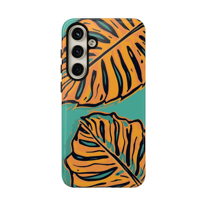 Tropical Leaf Tough Phone Case — Orange Monstera Design on Teal