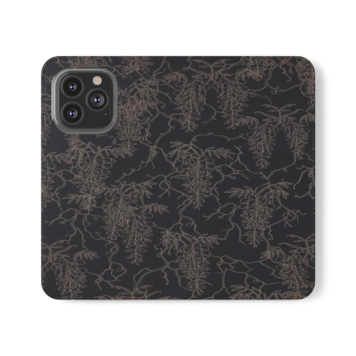 Botanical Noir Flip Phone Case — Dark Floral Wallet Cover with Card Slots