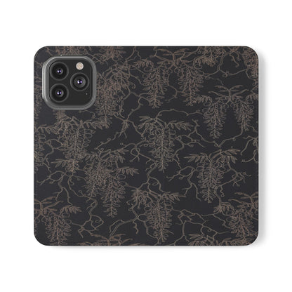 Botanical Noir Flip Phone Case — Dark Floral Wallet Cover with Card Slots