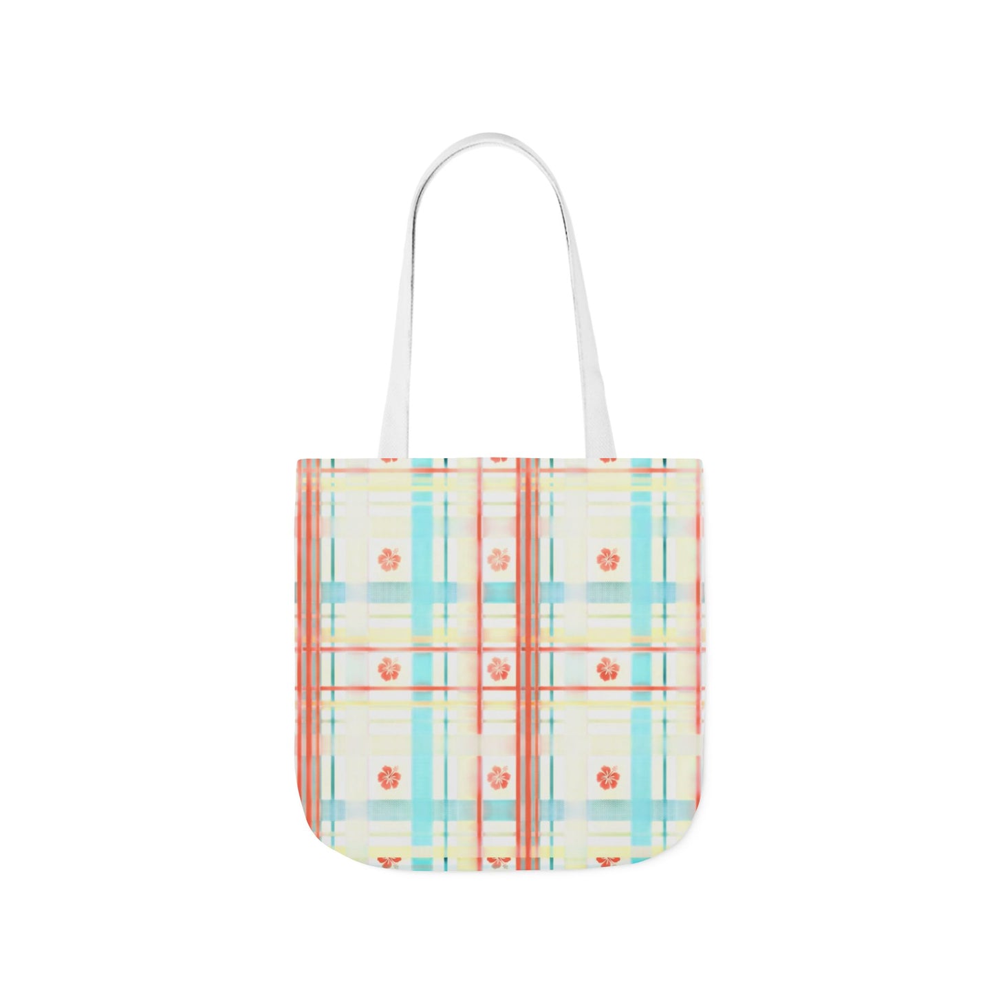 Floral Pastel Plaid Tote Bag — Canvas Shoulder Bag with Colorful Straps