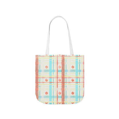 Floral Pastel Plaid Tote Bag — Canvas Shoulder Bag with Colorful Straps