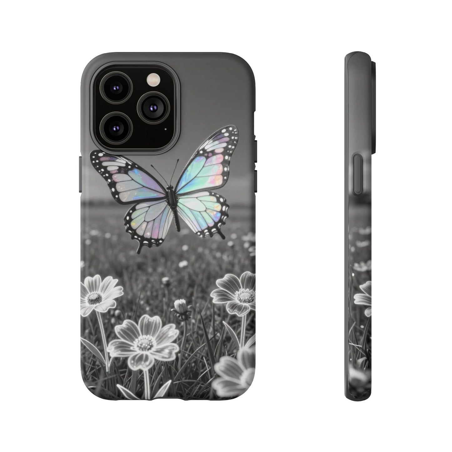 Butterfly Field Tough Phone Case — Pastel Holographic Butterfly on Black & White Floral Background