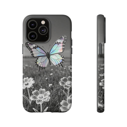 Butterfly Field Tough Phone Case — Pastel Holographic Butterfly on Black & White Floral Background