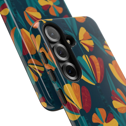 Floral Retro Teal Tough Phone Case — Vibrant Orange & Mustard Blooms