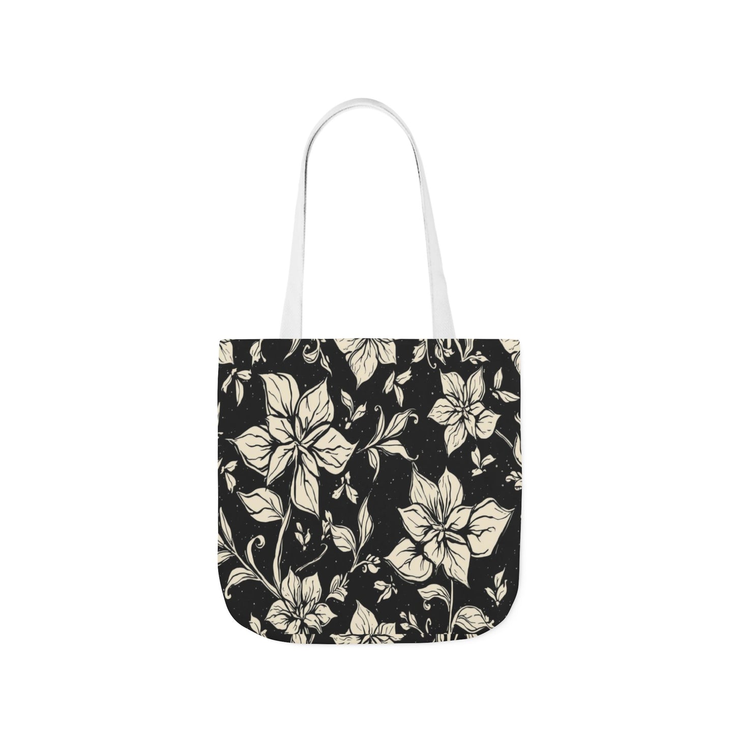 Vintage Floral Canvas Tote Bag – Black & Cream Flower Pattern with Contrast Straps