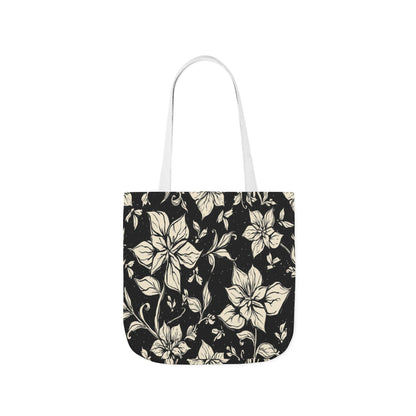 Vintage Floral Canvas Tote Bag – Black & Cream Flower Pattern with Contrast Straps