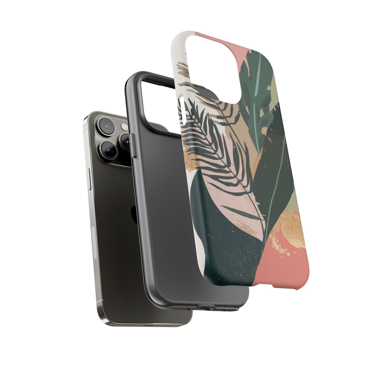 Tropical Leaf Tough Phone Case — Abstract Pink & Green Botanical Protective Cover