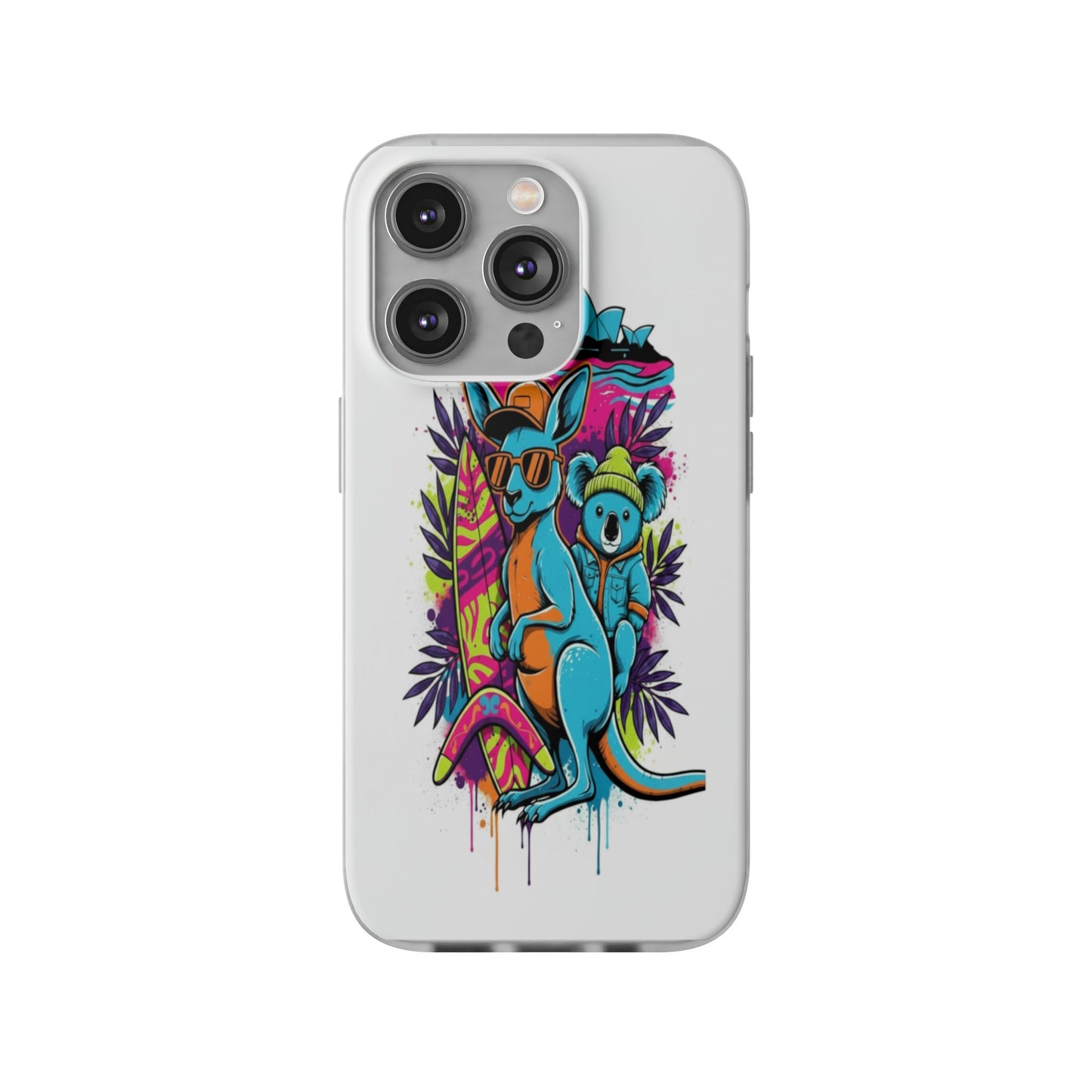 Kangaroo & Koala Surf Phone Case — Neon Aussie Beach Vibes Flexible Case