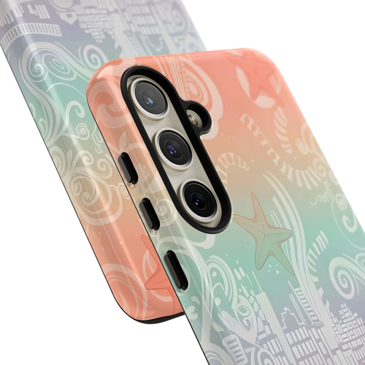 Tough Cases: Pastel Beach Pattern Phone Case — Starfish & Coastal Cityscape Protective Cover