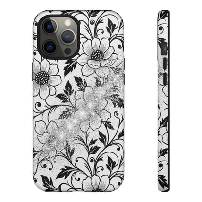 Floral Lace Phone Case — Black & White Vintage Flower Protective Case