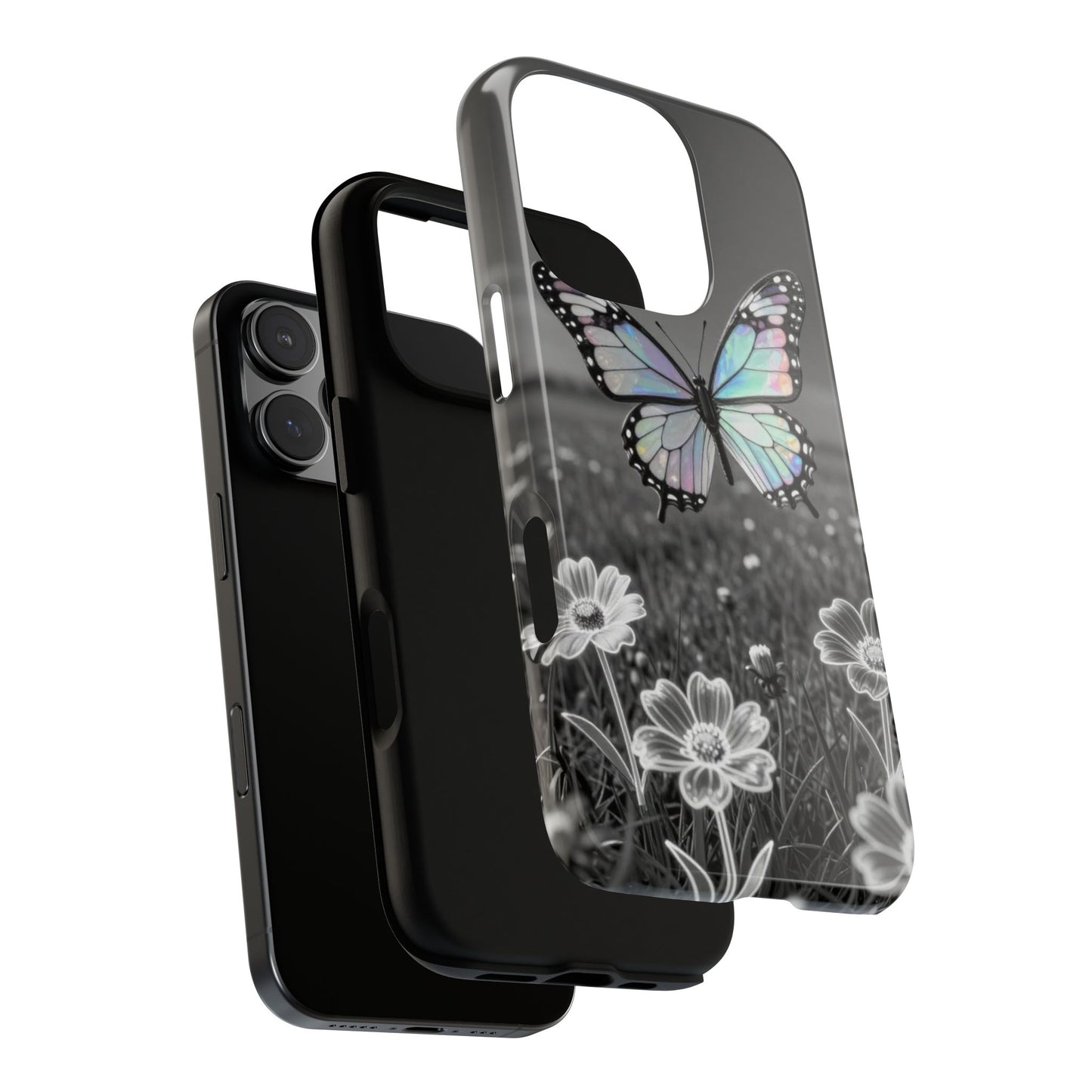 Butterfly Field Tough Phone Case — Pastel Holographic Butterfly on Black & White Floral Background
