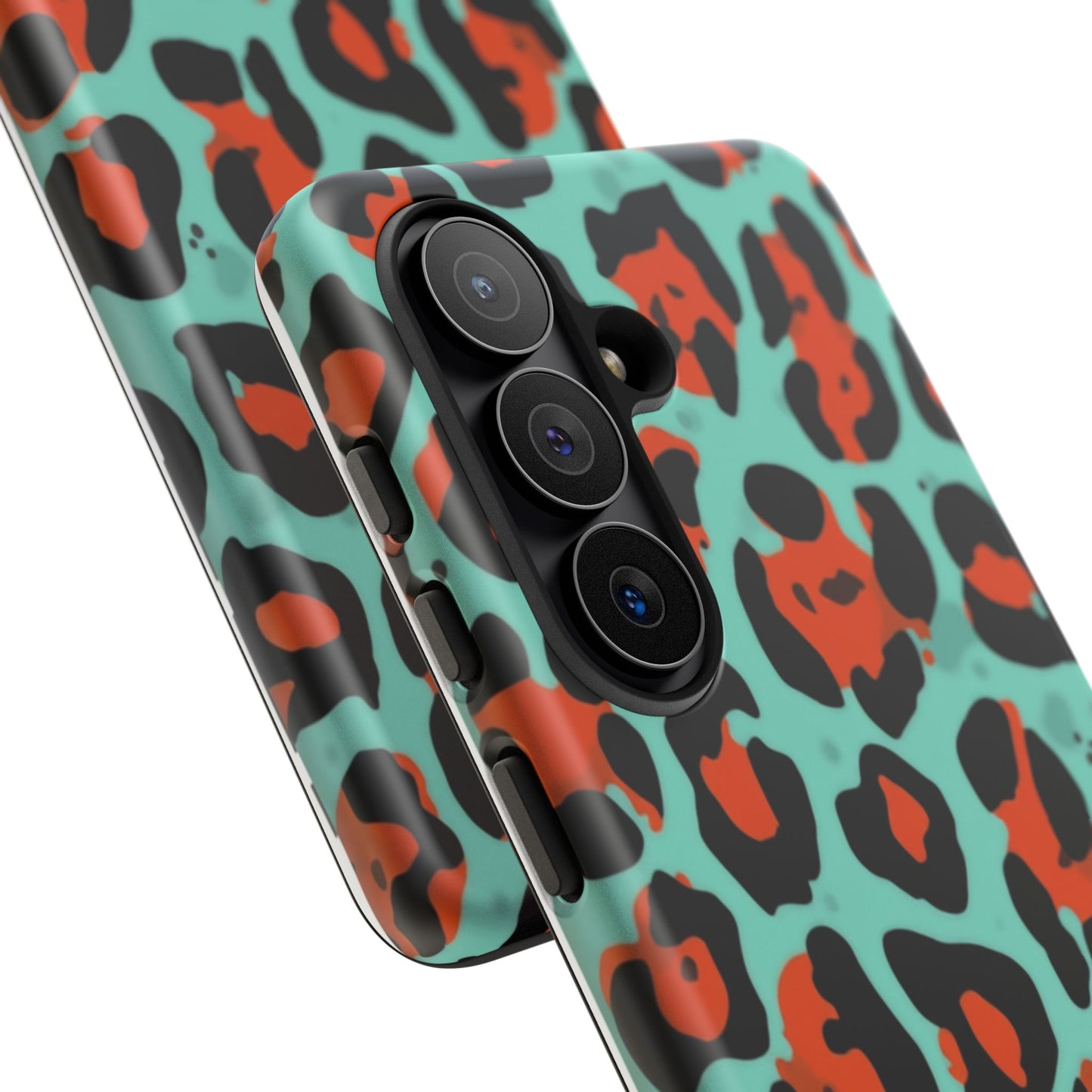 Leopard Print Tough Phone Case — Teal & Rust Protective iPhone Cover