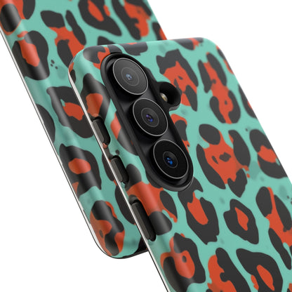 Leopard Print Tough Phone Case — Teal & Rust Protective iPhone Cover