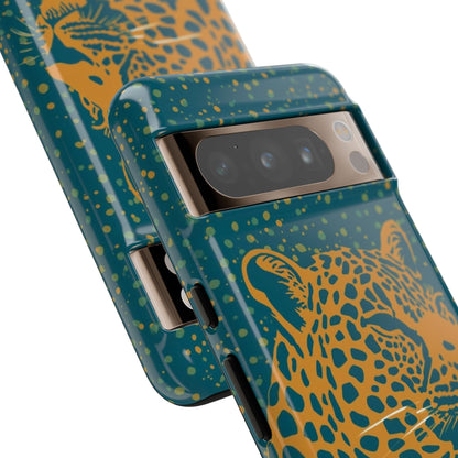 Leopard Print Tough Phone Case — Gold Panther on Teal, Protective iPhone Cover