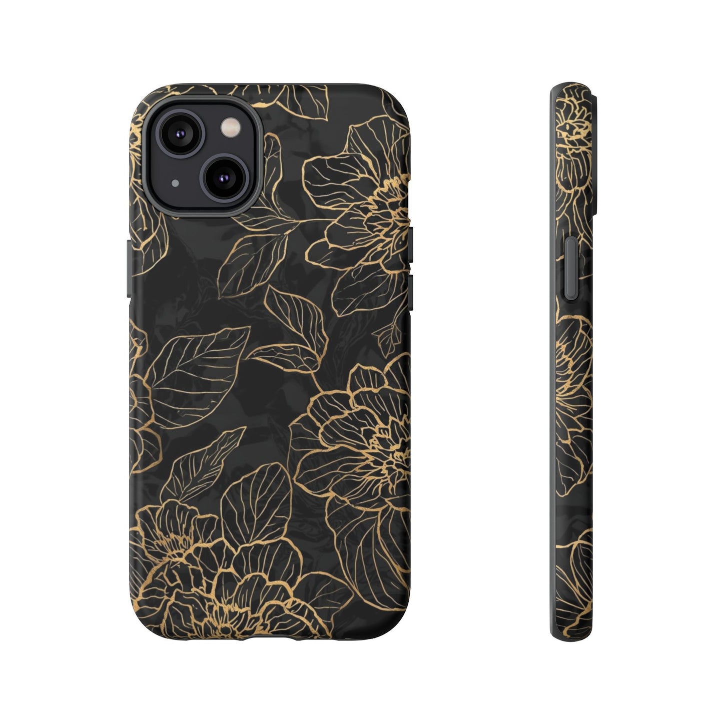 Floral Gold Outline Tough Phone Case – Black Botanical Protective Cover