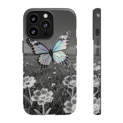 Butterfly Field Tough Phone Case — Pastel Holographic Butterfly on Black & White Floral Background