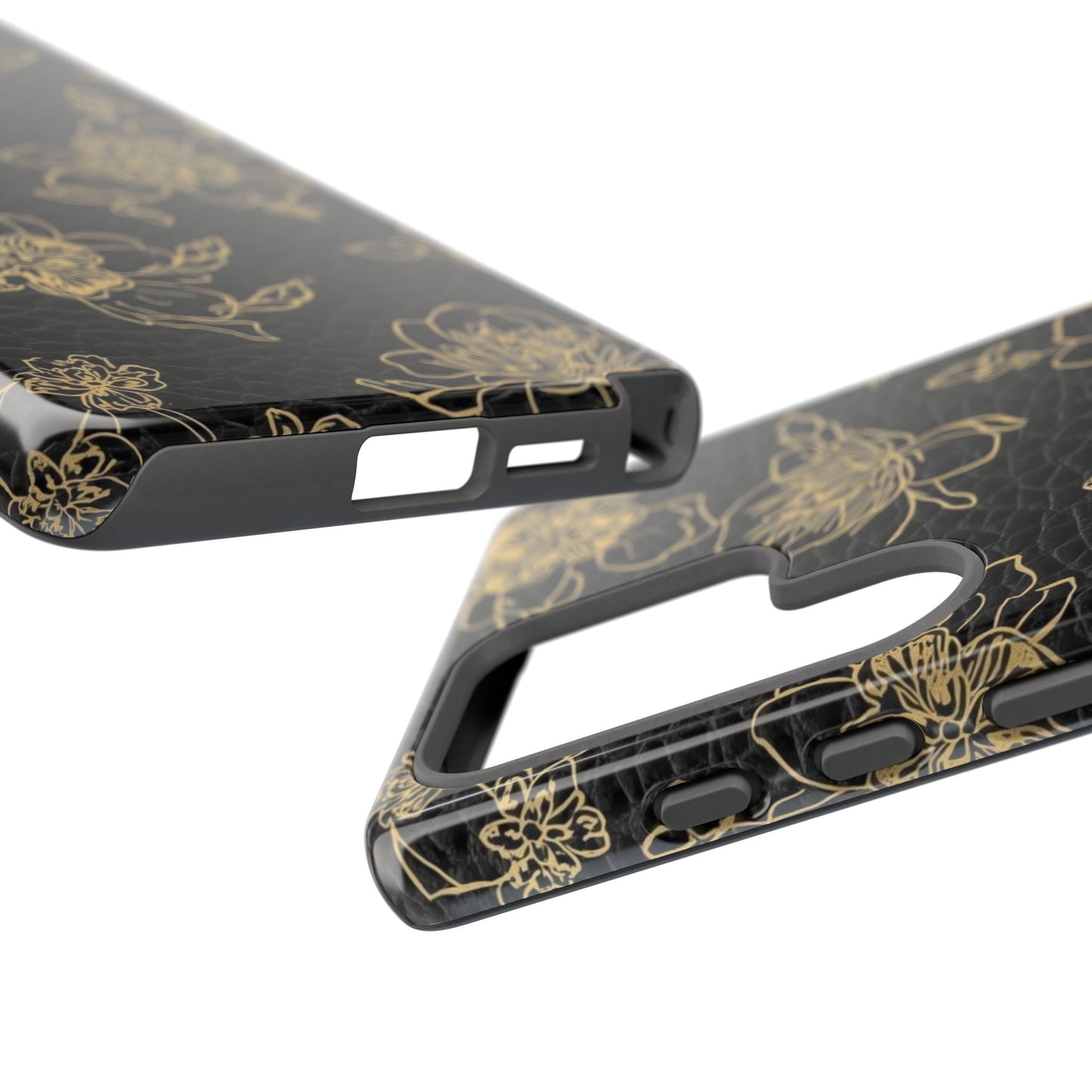 Floral Leather Phone Case — Gold Outline Flowers on Black Tough Case