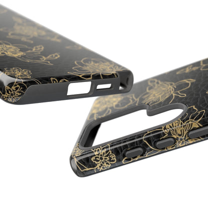 Floral Leather Phone Case — Gold Outline Flowers on Black Tough Case