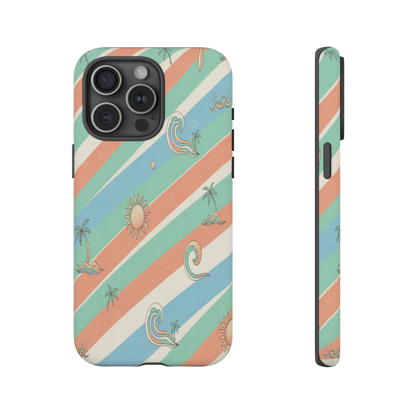 Retro Beach Stripes Phone Case — Sun, Waves & Palm Pattern Tough Case