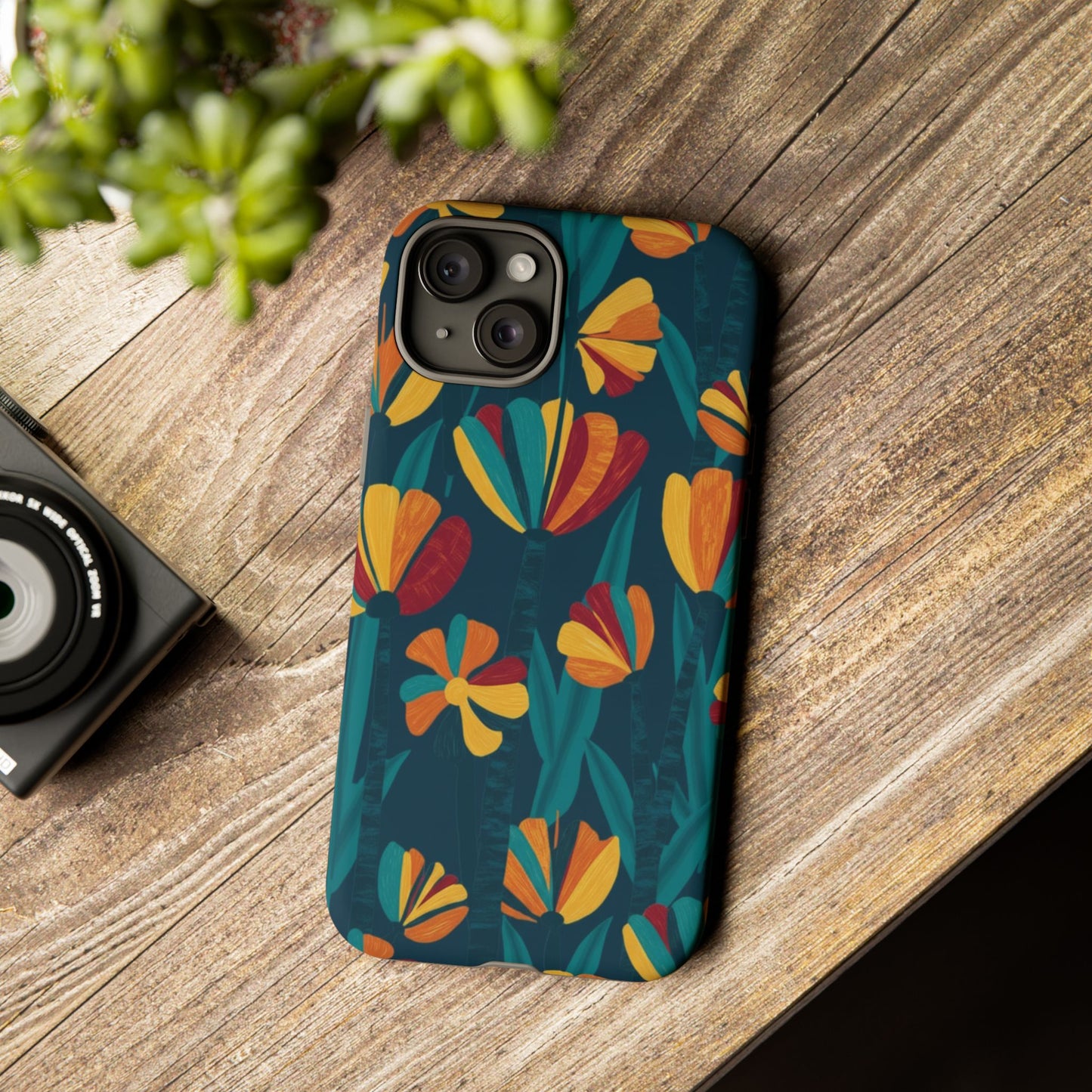 Floral Retro Teal Tough Phone Case — Vibrant Orange & Mustard Blooms