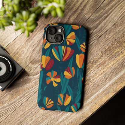 Floral Retro Teal Tough Phone Case — Vibrant Orange & Mustard Blooms