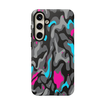 Camouflage Phone Case — Gray Camo with Neon Pink & Cyan Accent Tough Protective Cover