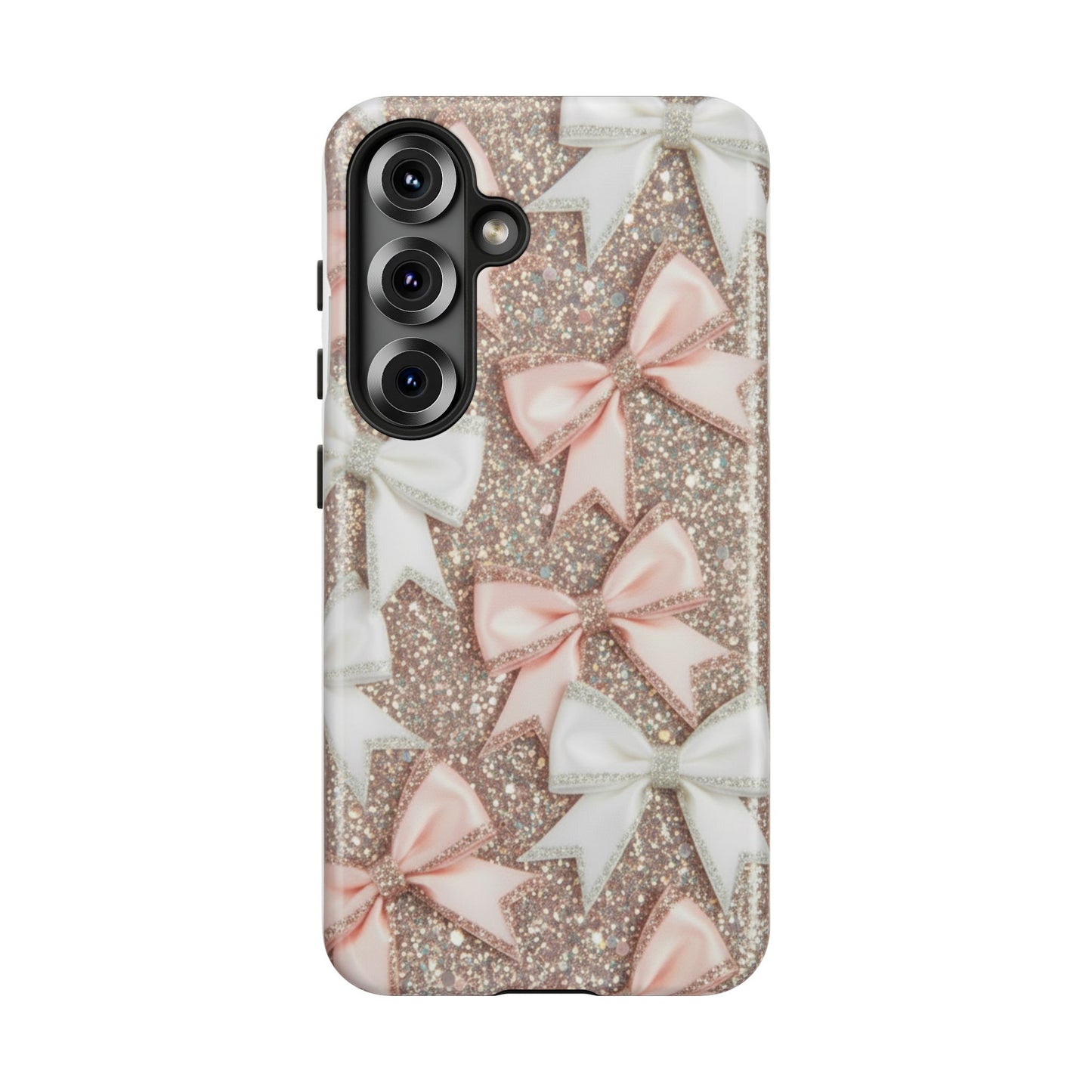 Glitter Bow Tough Phone Case — Pink & White Ribbon Protective Cover