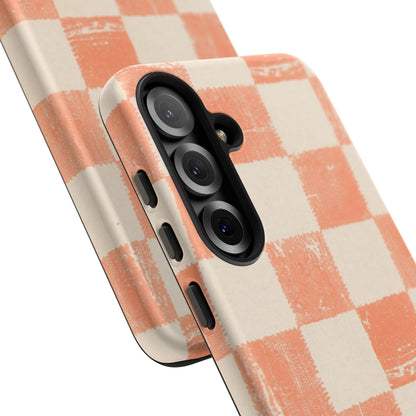 Peach Checkerboard Tough Phone Case — Retro Distressed Grid Design