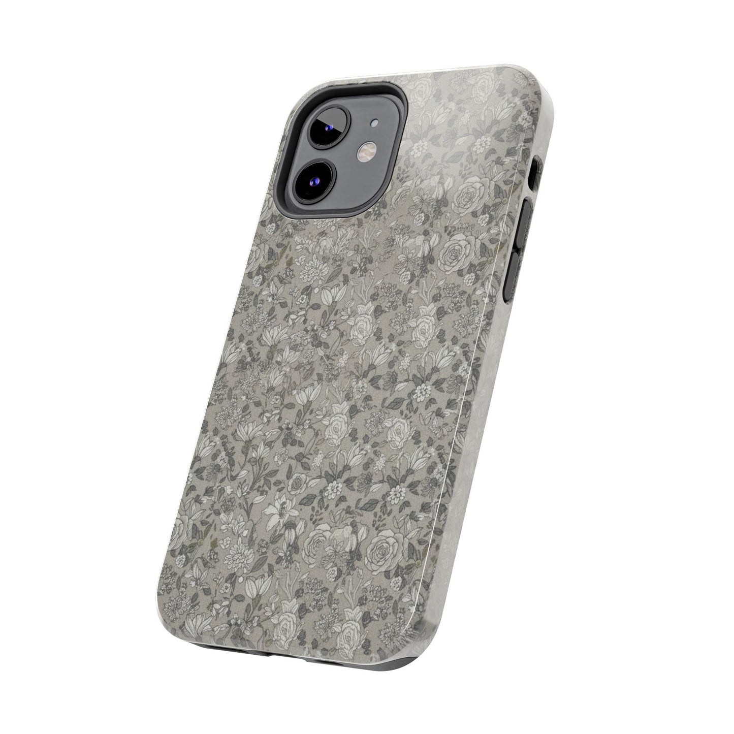Gray Floral Tough Phone Case — Durable Protective Phone Cover with Vintage Botanical Pattern