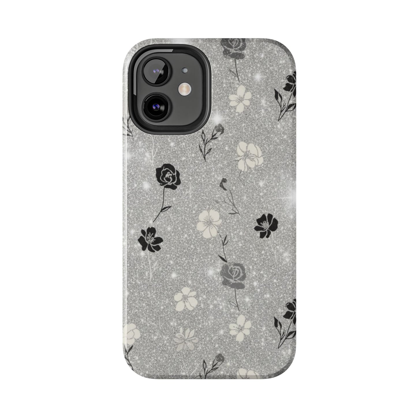 Floral Glitter Tough Phone Case — Black & Silver Vintage Flower Protective Cover