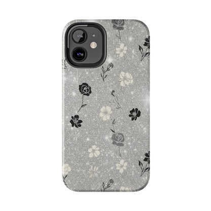 Floral Glitter Tough Phone Case — Black & Silver Vintage Flower Protective Cover