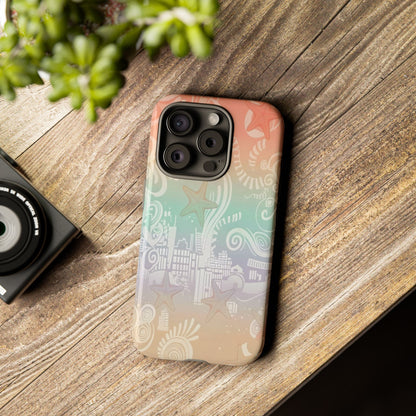 Tough Cases: Pastel Beach Pattern Phone Case — Starfish & Coastal Cityscape Protective Cover
