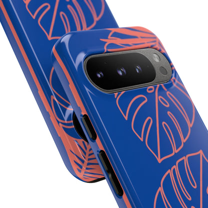 Tropical Monstera Phone Case — Blue & Coral Leaf Protective Cover