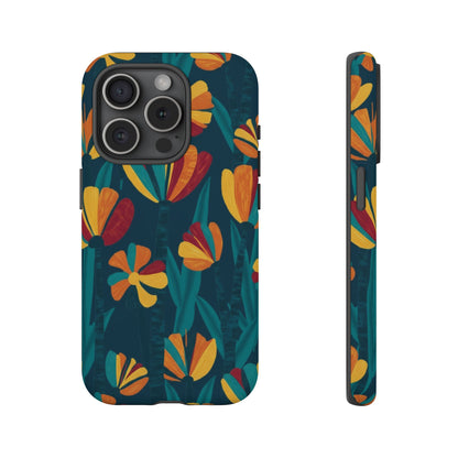 Floral Retro Teal Tough Phone Case — Vibrant Orange & Mustard Blooms