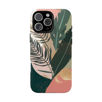 Tropical Leaf Tough Phone Case — Abstract Pink & Green Botanical Protective Cover