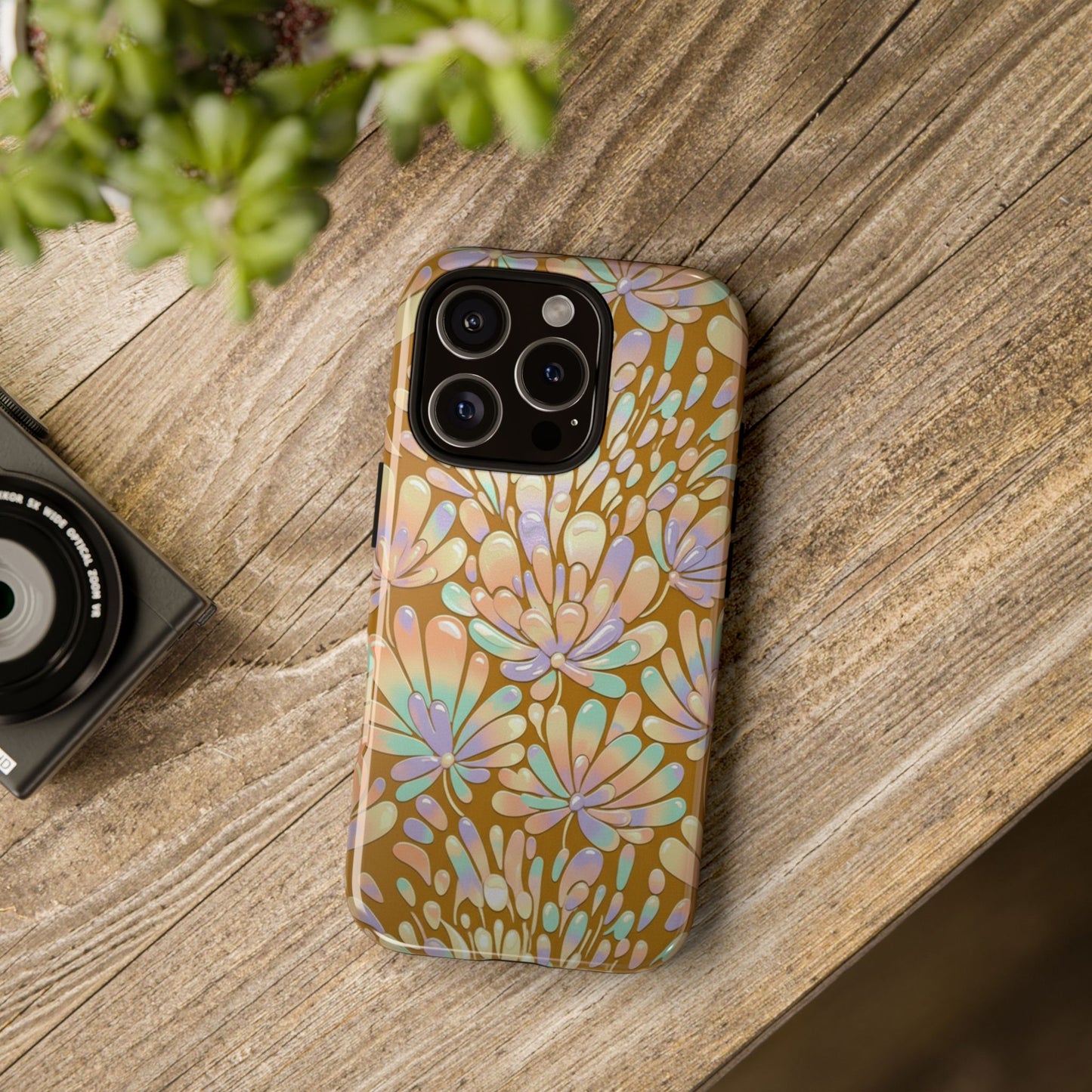 Floral Burst Tough Phone Case – Gold Pastel Botanical Protection