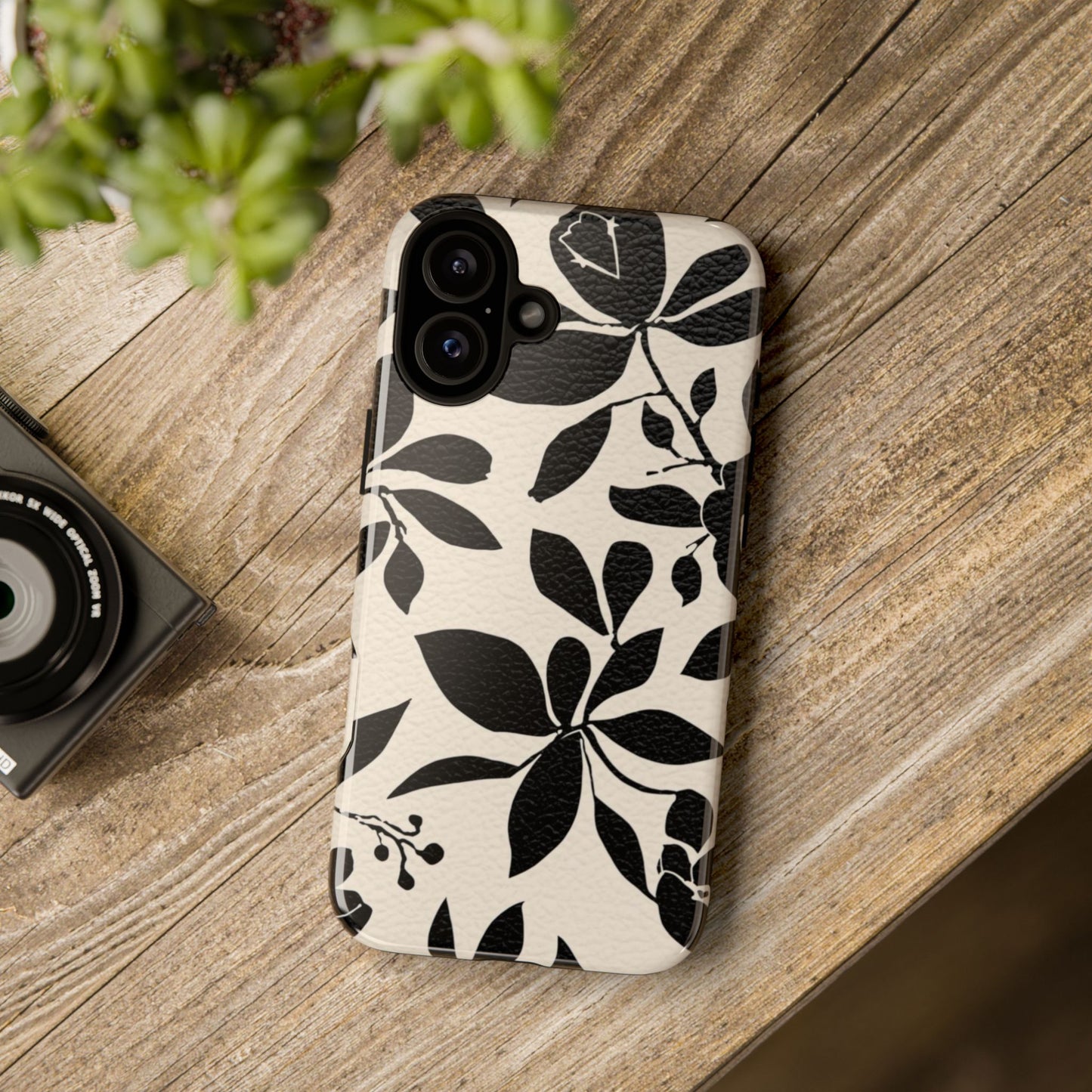 Black Floral Pattern Phone Case — Monochrome Botanical Tough Case