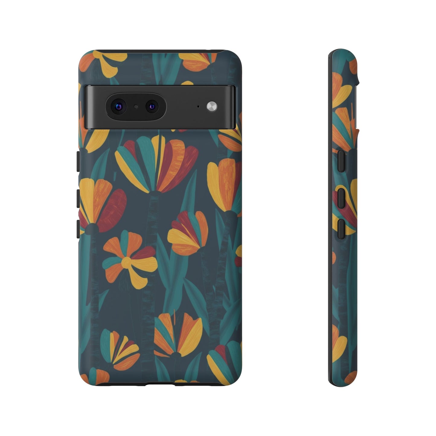 Floral Retro Teal Tough Phone Case — Vibrant Orange & Mustard Blooms