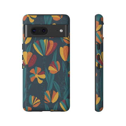 Floral Retro Teal Tough Phone Case — Vibrant Orange & Mustard Blooms