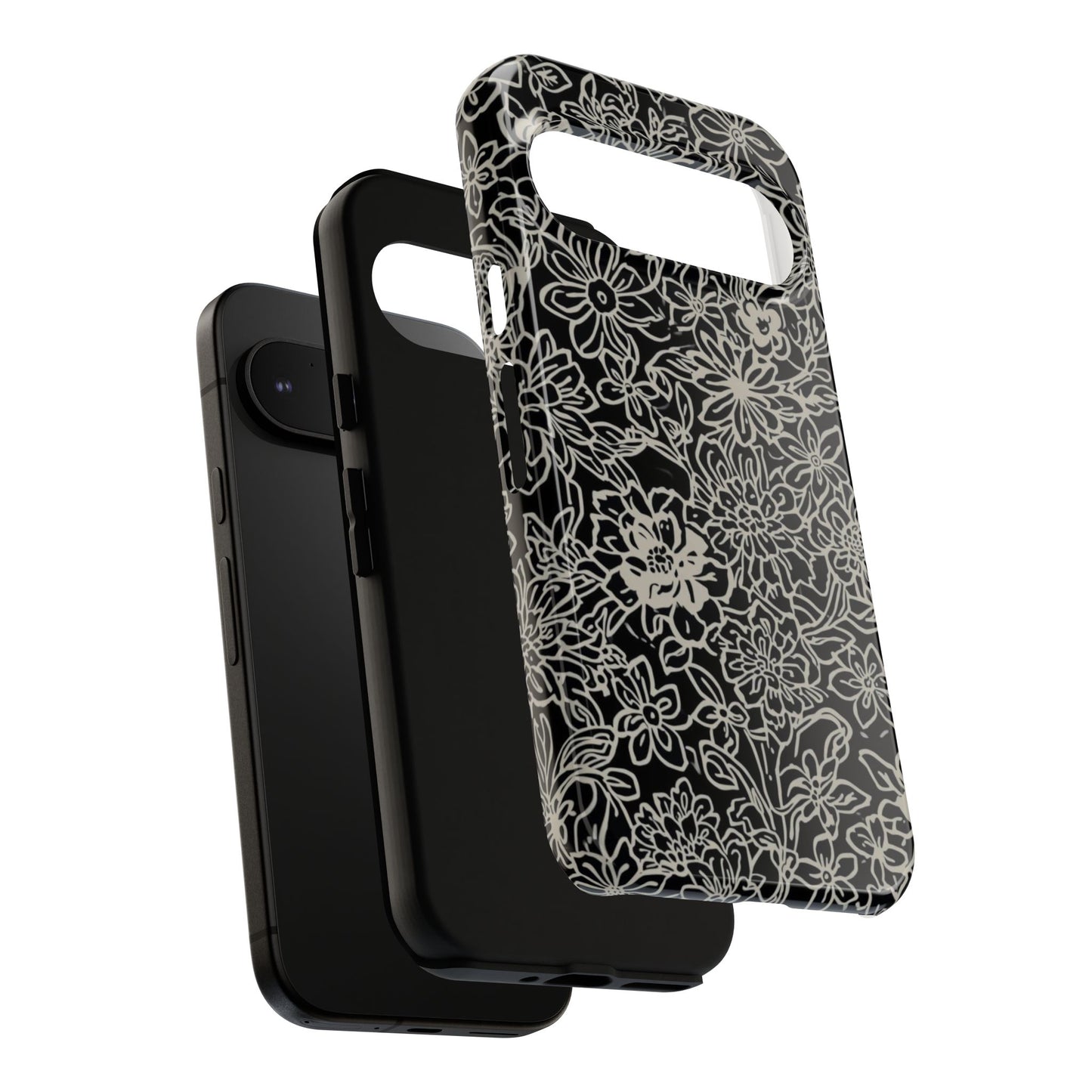 Floral Doodle Tough Phone Case — Black & White Sketch Flower Protective Cover