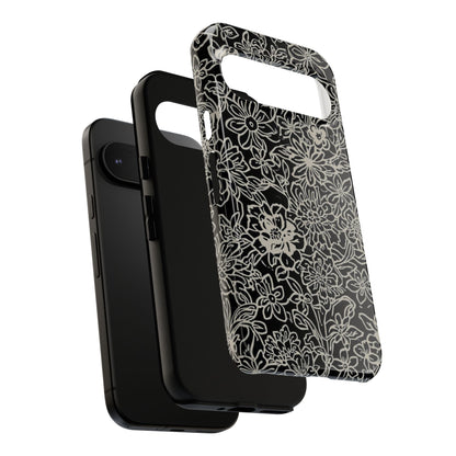 Floral Doodle Tough Phone Case — Black & White Sketch Flower Protective Cover