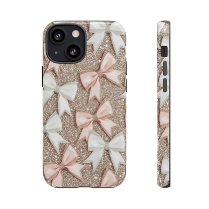 Glitter Bow Tough Phone Case — Pink & White Ribbon Protective Cover