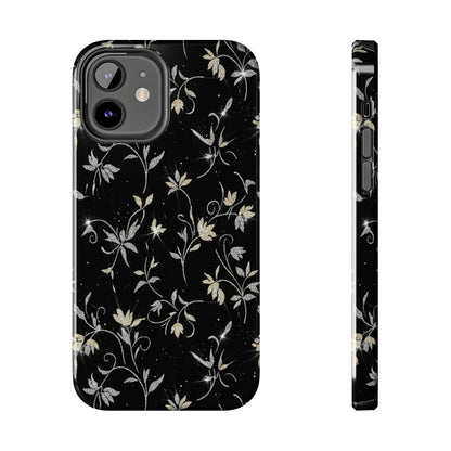 Floral Noir Tough Phone Case — Vintage Black Botanical Protective Cover