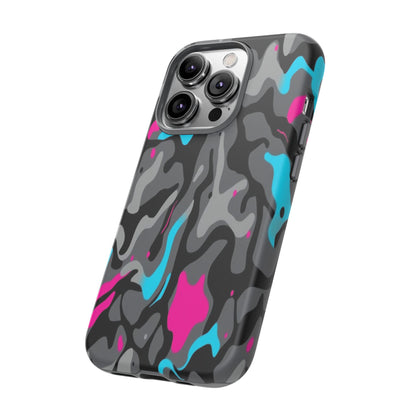 Camouflage Phone Case — Gray Camo with Neon Pink & Cyan Accent Tough Protective Cover