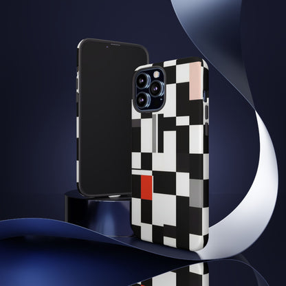 Abstract Geometric Phone Case – Black & White Checker Grid with Red Accent