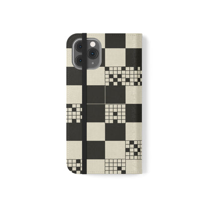 Checkerboard Flip Phone Case – Retro Black & Cream Geometric Wallet Case
