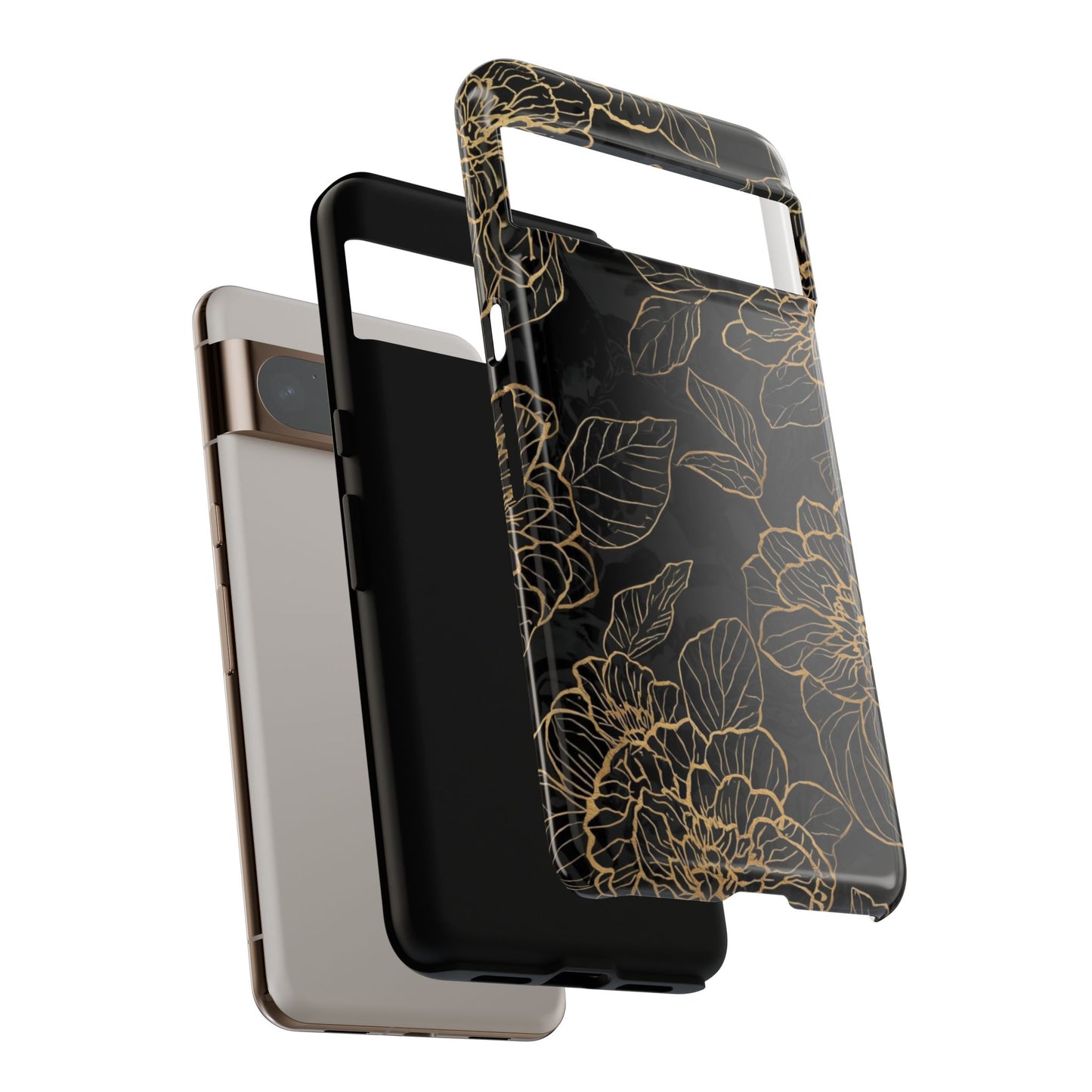 Floral Gold Outline Tough Phone Case – Black Botanical Protective Cover